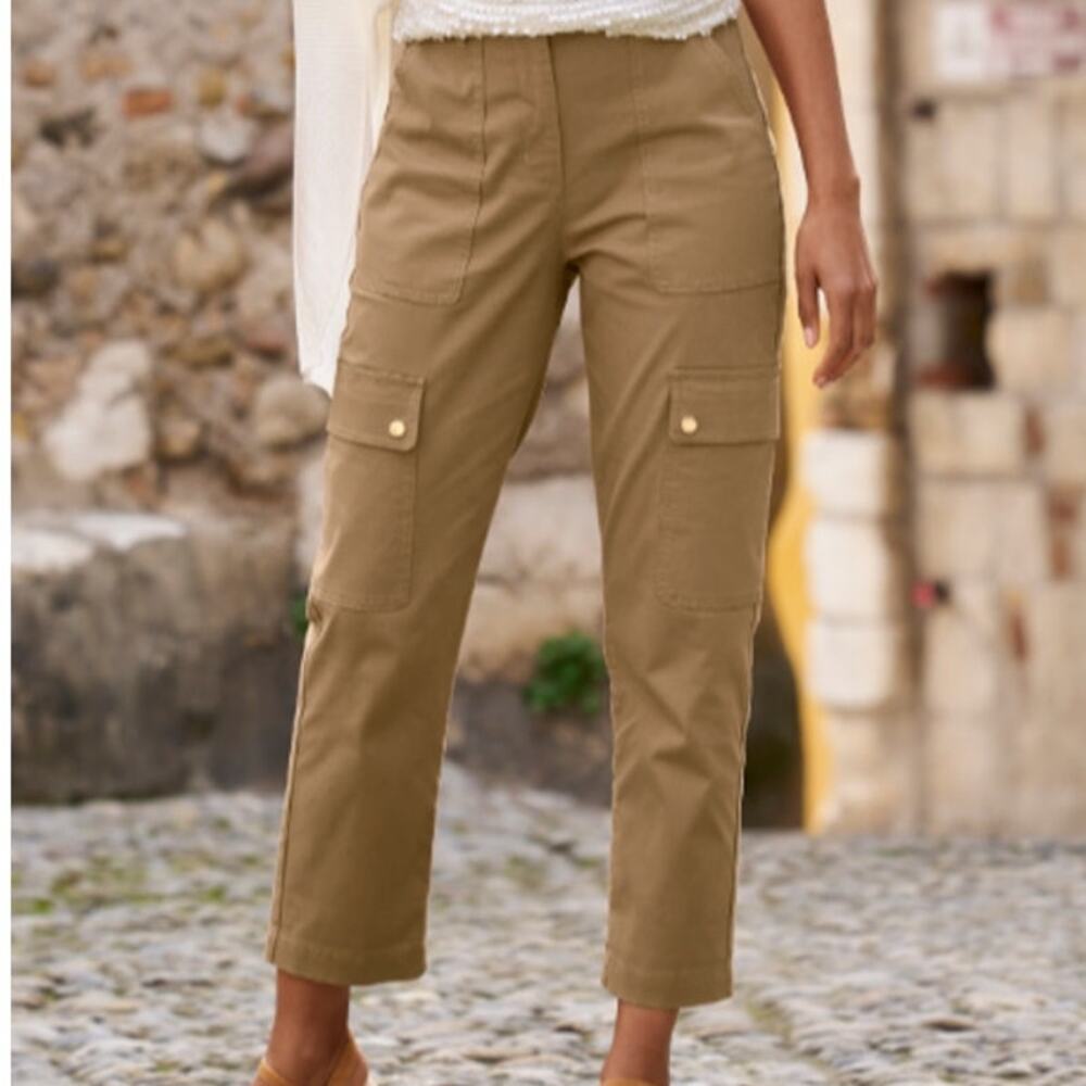 Boston Proper Cargo Pants Women Size 6 Khaki Tan Gold Hardware Cropped Cuffed